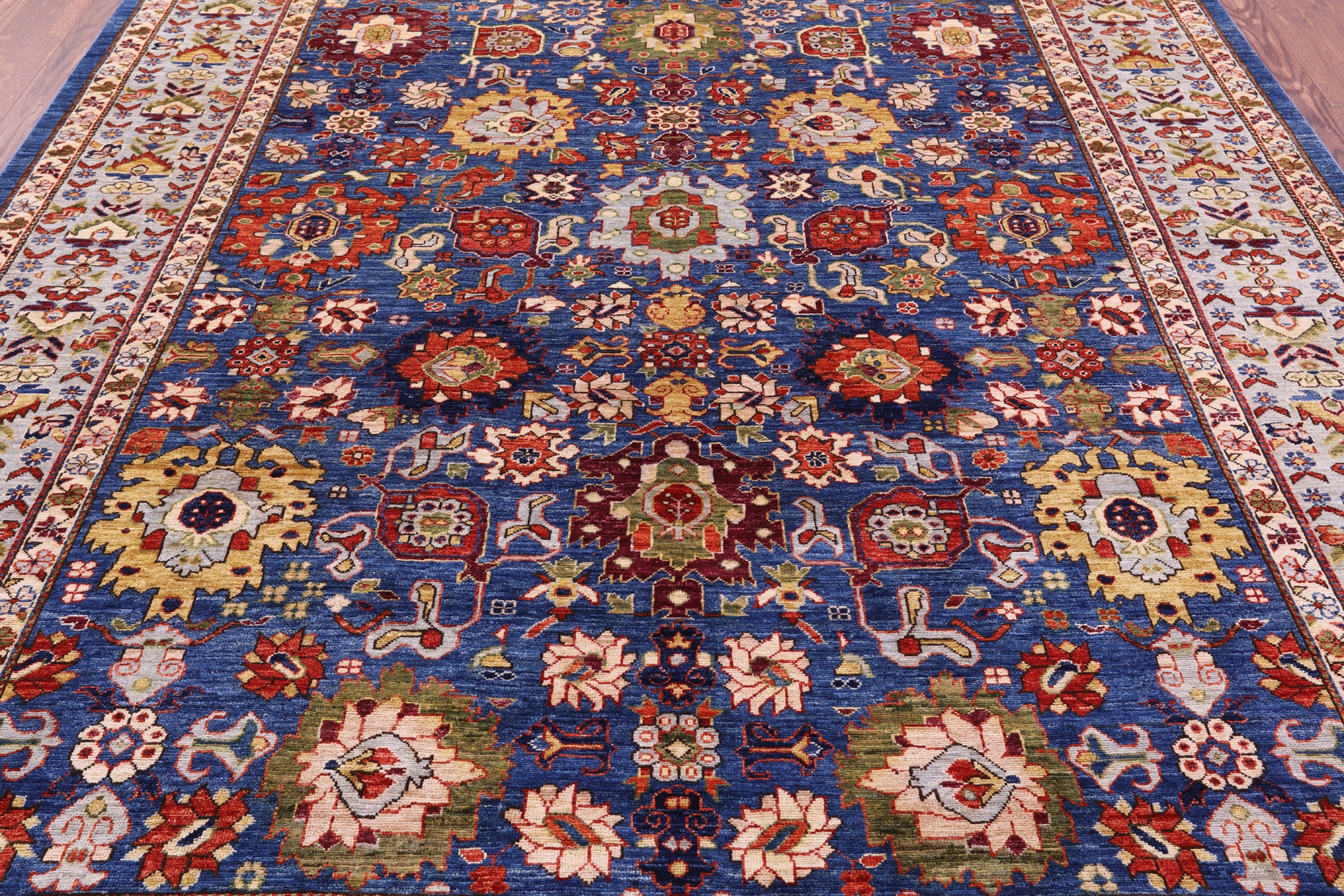 Blue Persian Fine Serapi Hand Knotted Wool Rug - 7' 11" X 9' 8" - Golden Nile