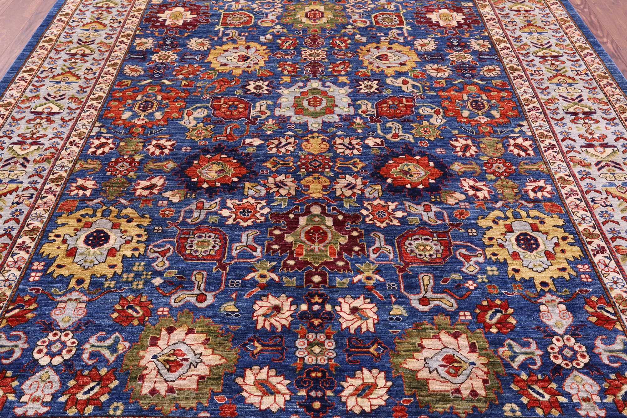 Blue Persian Fine Serapi Hand Knotted Wool Rug - 7' 11" X 9' 8" - Golden Nile