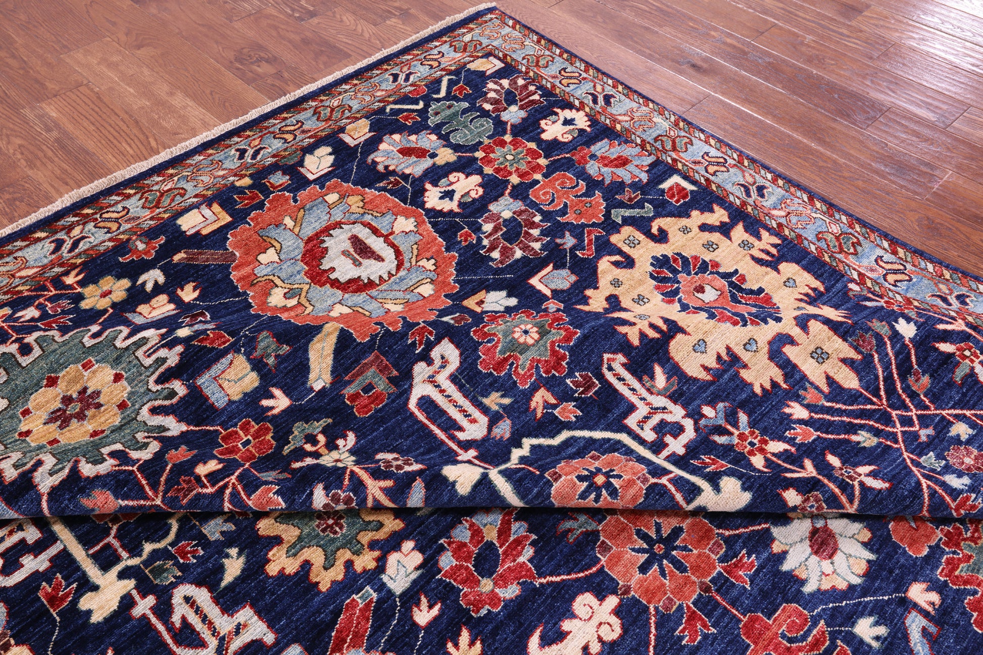 Blue Persian Fine Serapi Hand Knotted Wool Rug - 9' 1" X 12' 0" - Golden Nile