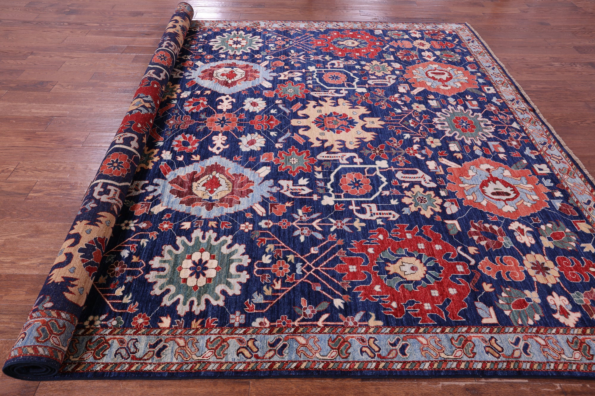 Blue Persian Fine Serapi Hand Knotted Wool Rug - 9' 1" X 12' 0" - Golden Nile