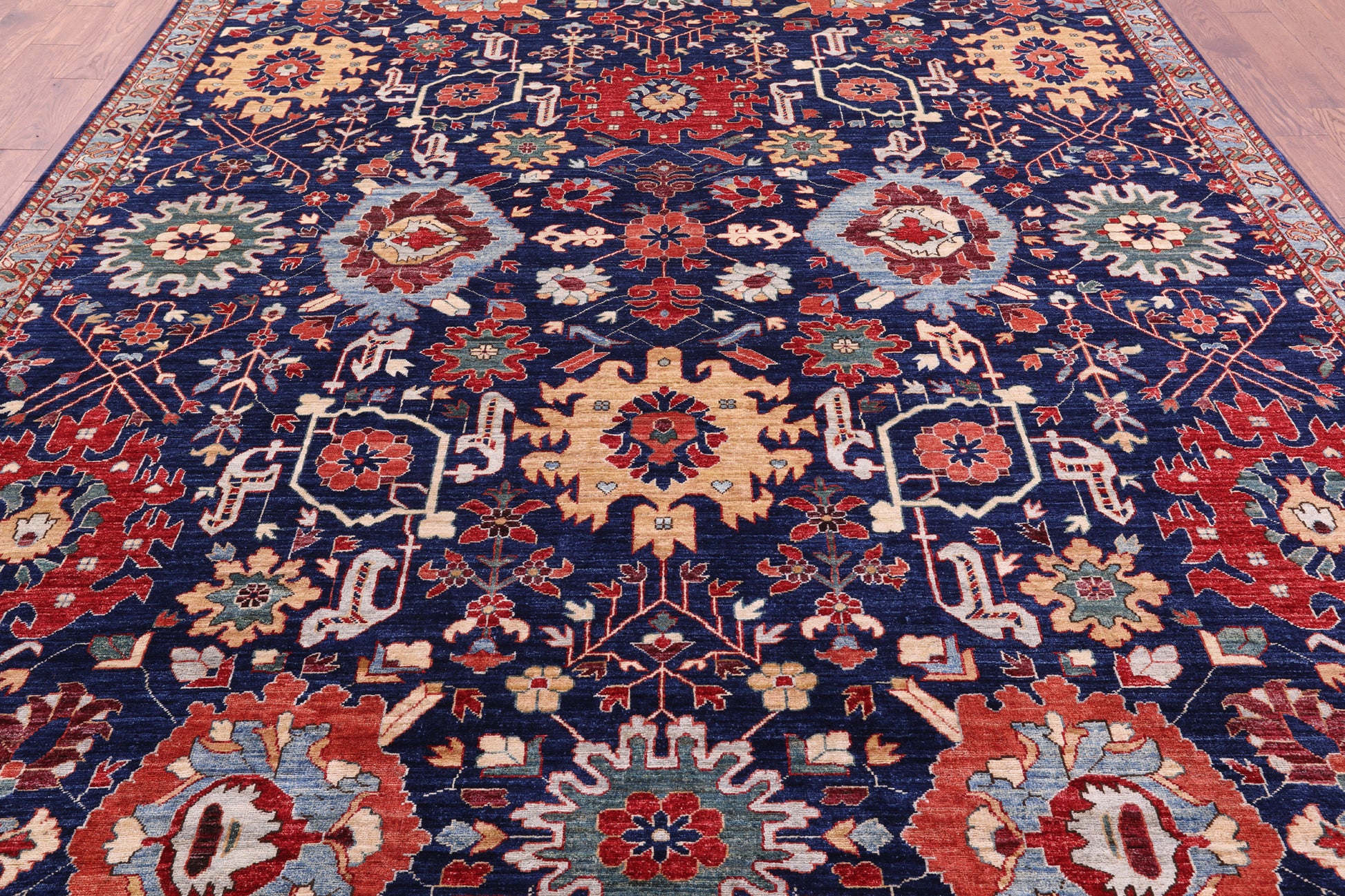 Blue Persian Fine Serapi Hand Knotted Wool Rug - 9' 1" X 12' 0" - Golden Nile