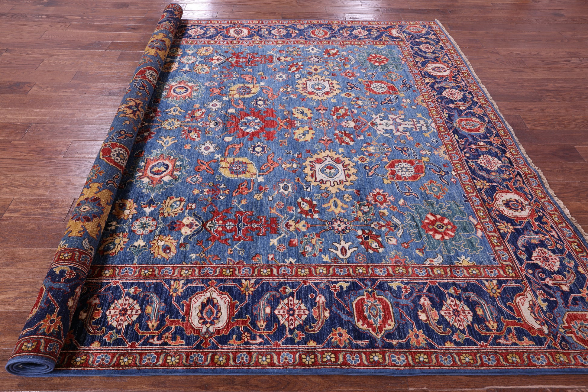 Blue Persian Fine Serapi Hand Knotted Wool Rug - 8' 2" X 9' 7" - Golden Nile
