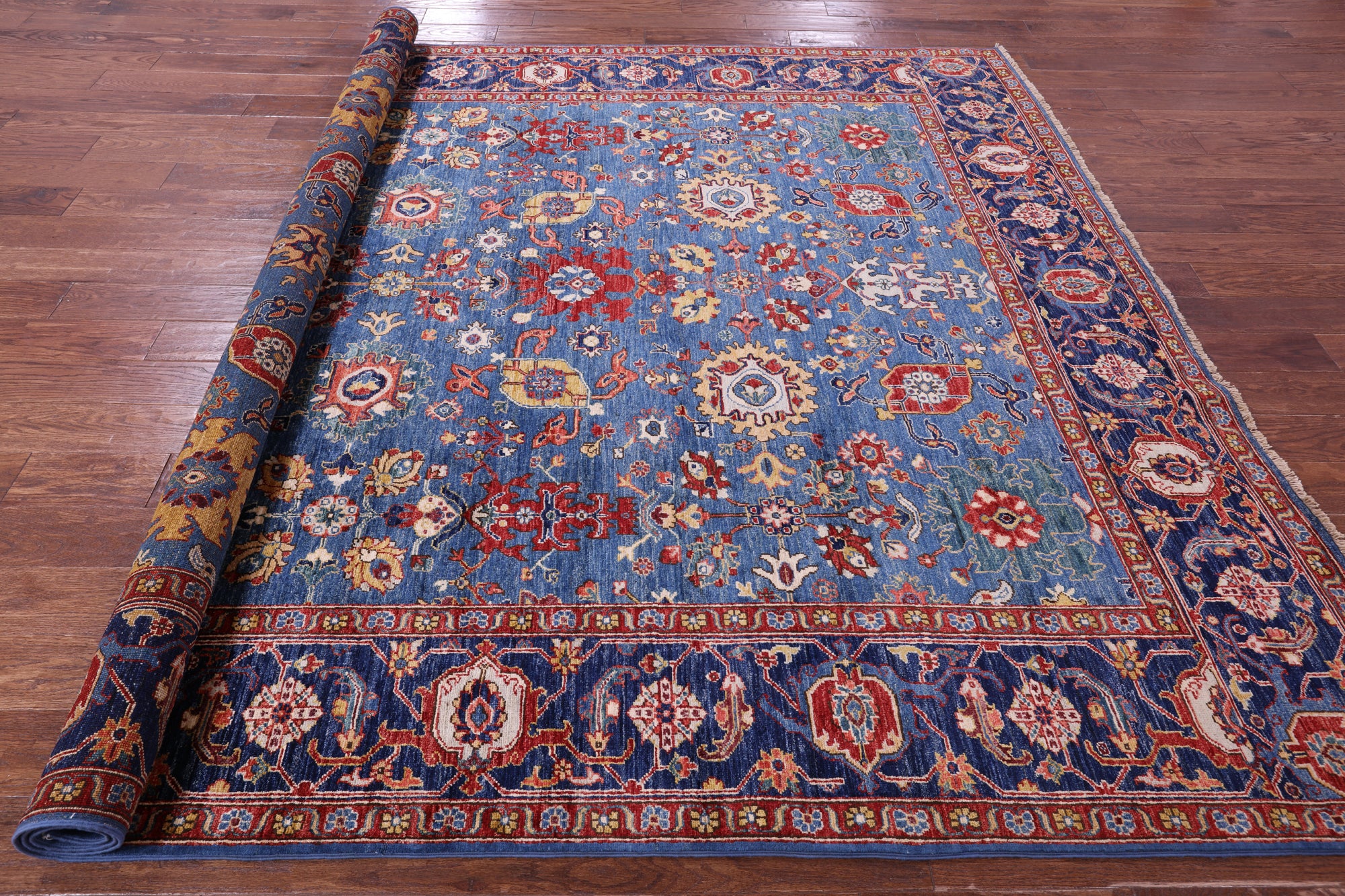 Blue Persian Fine Serapi Hand Knotted Wool Rug - 8' 2" X 9' 7" - Golden Nile