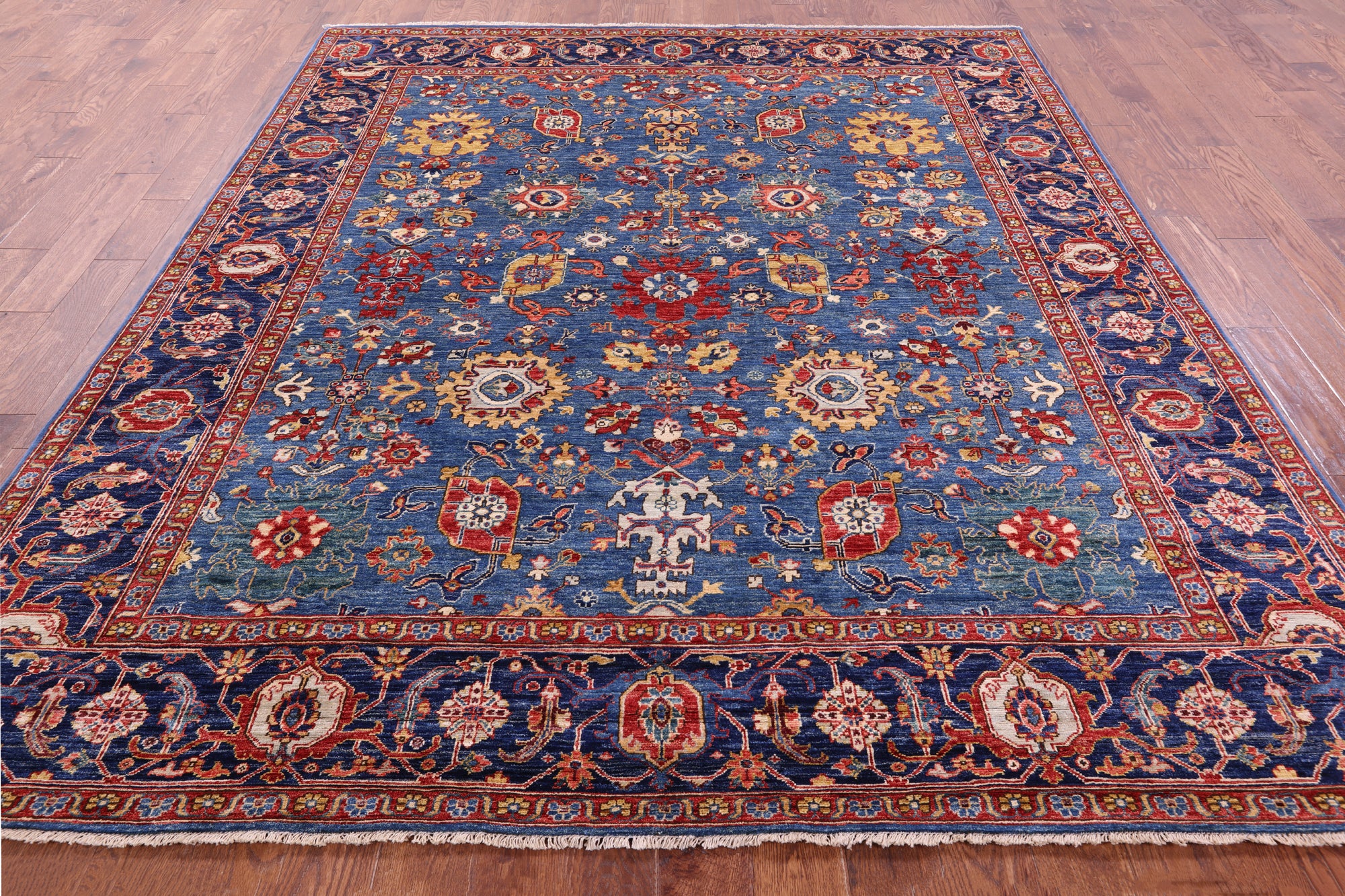 Blue Persian Fine Serapi Hand Knotted Wool Rug - 8' 2" X 9' 7" - Golden Nile