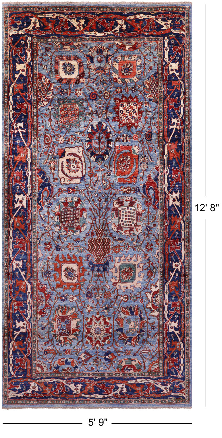 Blue Persian Fine Serapi Hand Knotted Wool Rug - 5' 9" X 12' 8" - Golden Nile