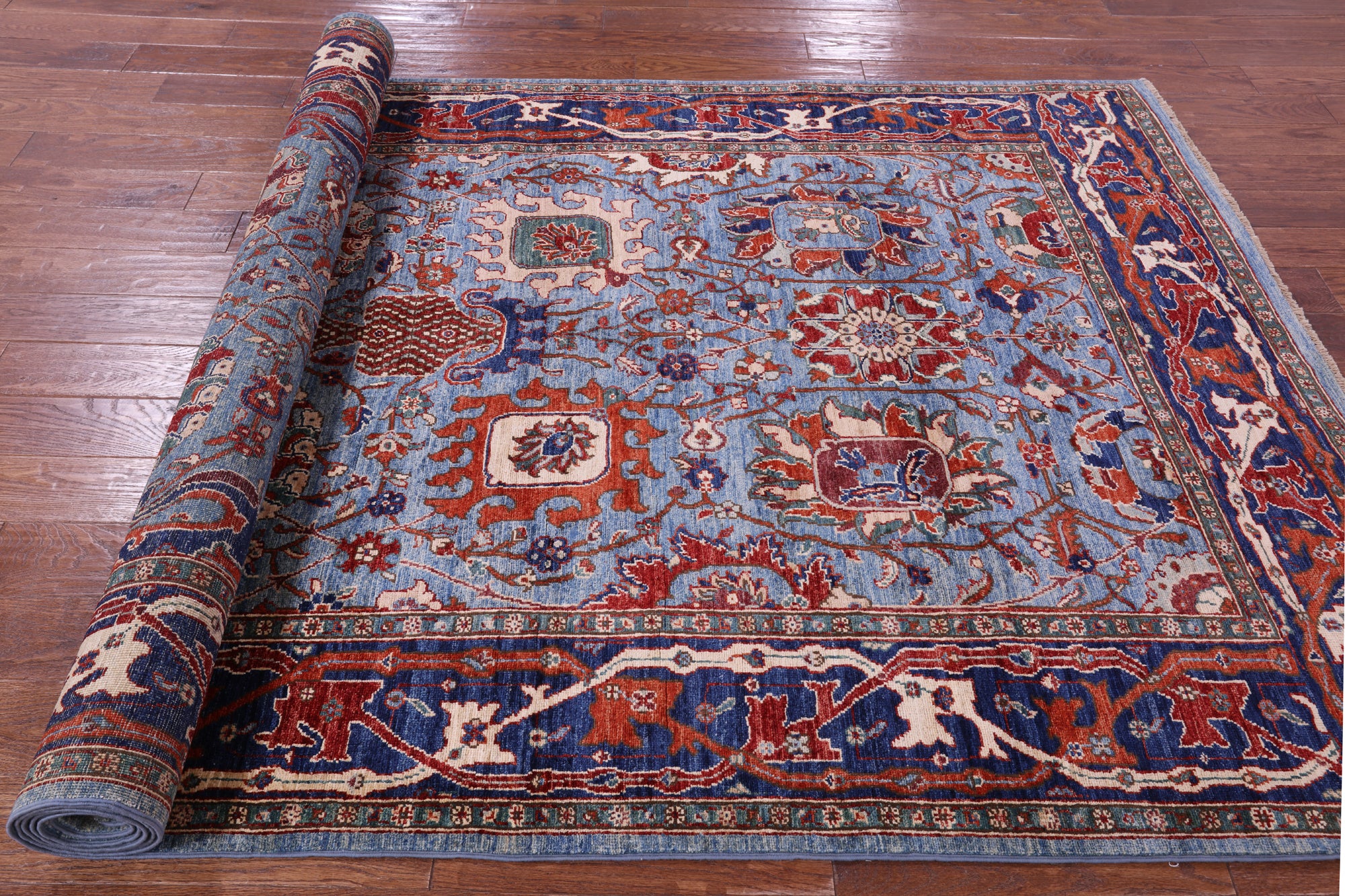 Blue Persian Fine Serapi Hand Knotted Wool Rug - 5' 9" X 12' 8" - Golden Nile
