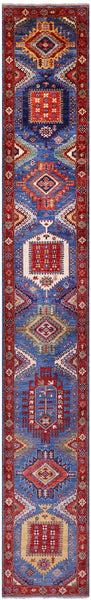Blue Persian Fine Serapi Handmade Wool Runner Rug - 2' 7" X 19' 3" - Golden Nile
