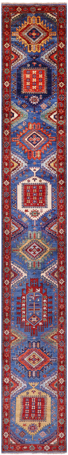 Blue Persian Fine Serapi Handmade Wool Runner Rug - 2' 7" X 19' 3" - Golden Nile