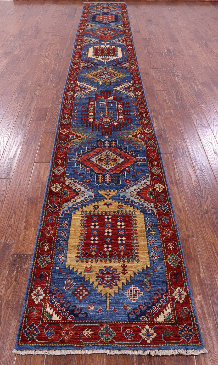 Blue Persian Fine Serapi Handmade Wool Runner Rug - 2' 7" X 19' 3" - Golden Nile