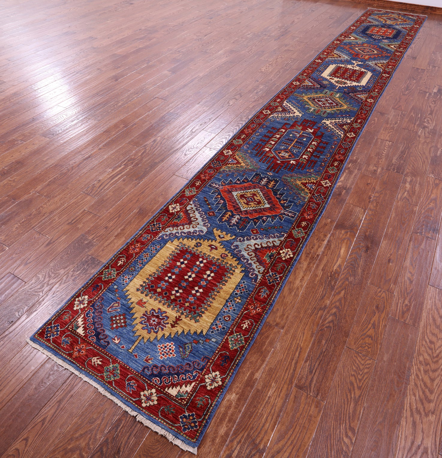 Blue Persian Fine Serapi Handmade Wool Runner Rug - 2' 7" X 19' 3" - Golden Nile