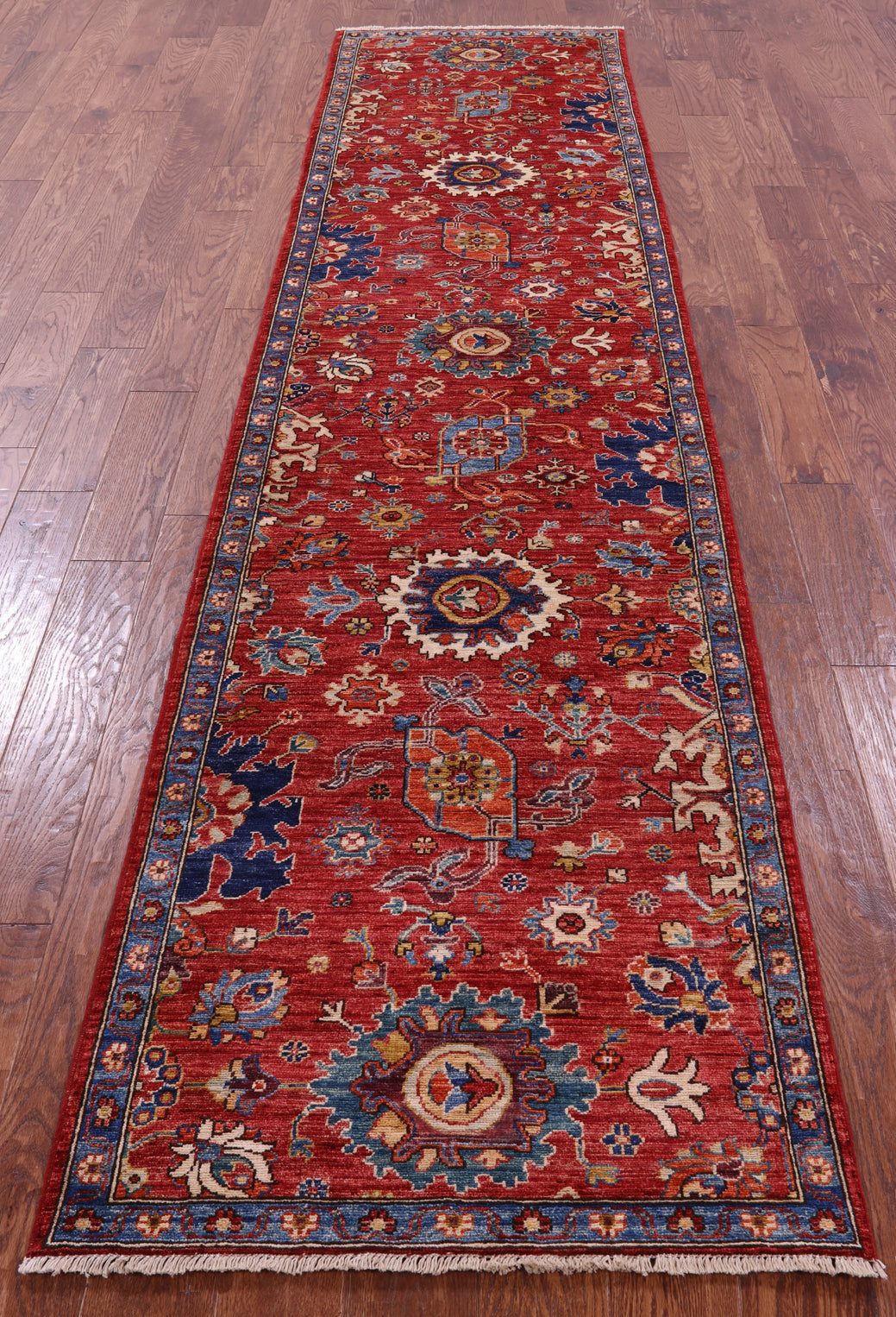Red Persian Fine Serapi Hand Knotted Wool Runner Rug - 2' 9" X 11' 8" - Golden Nile