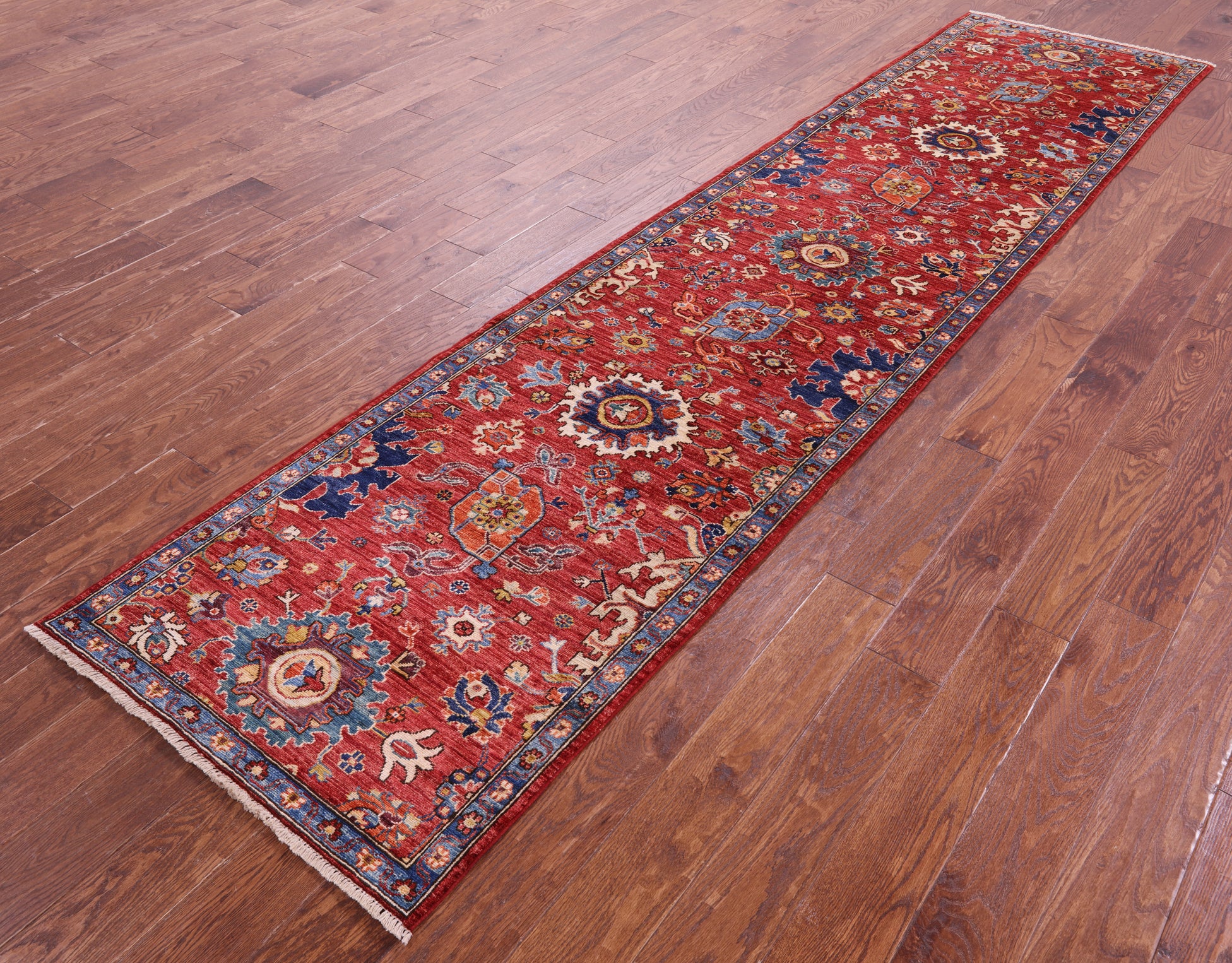 Red Persian Fine Serapi Hand Knotted Wool Runner Rug - 2' 9" X 11' 8" - Golden Nile