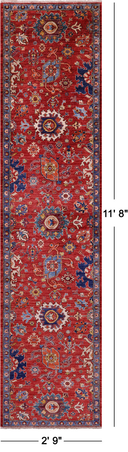 Red Persian Fine Serapi Hand Knotted Wool Runner Rug - 2' 9" X 11' 8" - Golden Nile