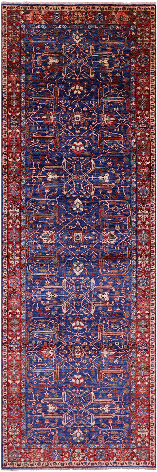 Blue Persian Fine Serapi Hand Knotted Wool Runner Rug - 3' 11" X 12' 0" - Golden Nile