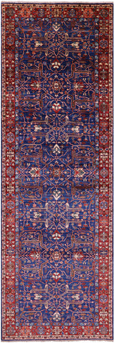 Blue Persian Fine Serapi Hand Knotted Wool Runner Rug - 3' 11