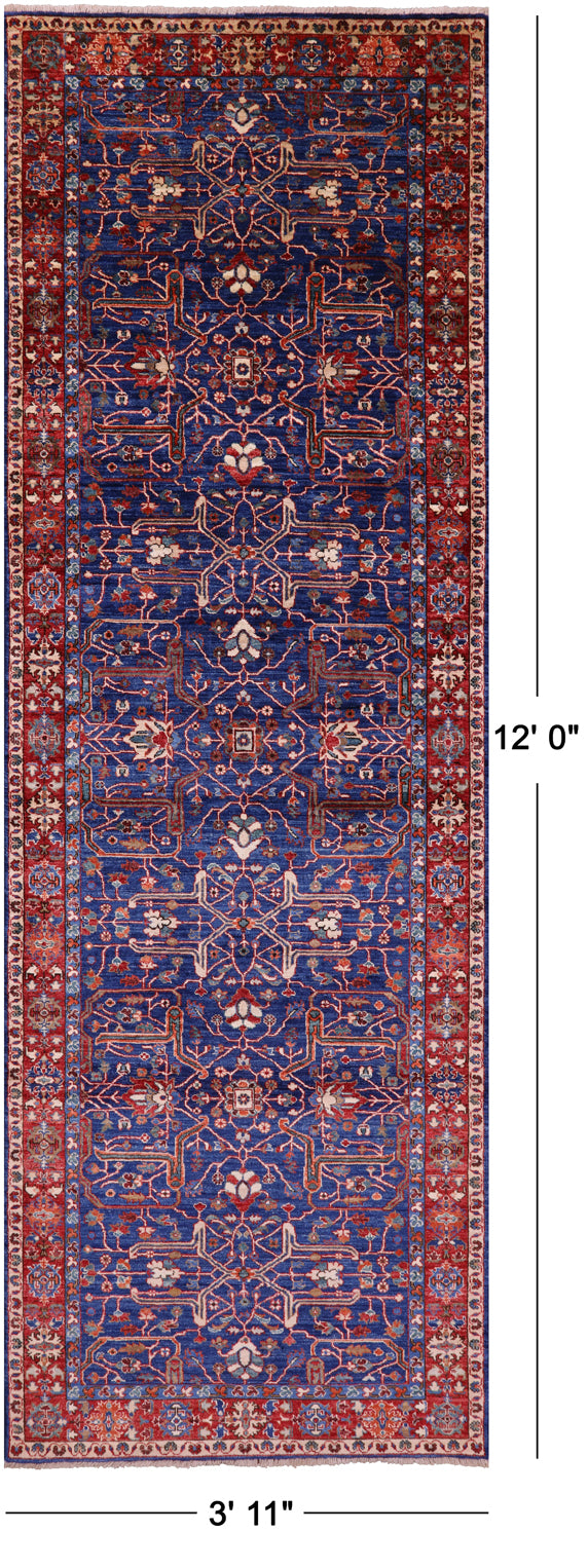 Blue Persian Fine Serapi Hand Knotted Wool Runner Rug - 3' 11" X 12' 0" - Golden Nile