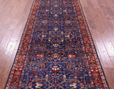 Blue Persian Fine Serapi Hand Knotted Wool Runner Rug - 3' 11" X 12' 0" - Golden Nile