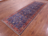 Blue Persian Fine Serapi Hand Knotted Wool Runner Rug - 3' 11" X 12' 0" - Golden Nile