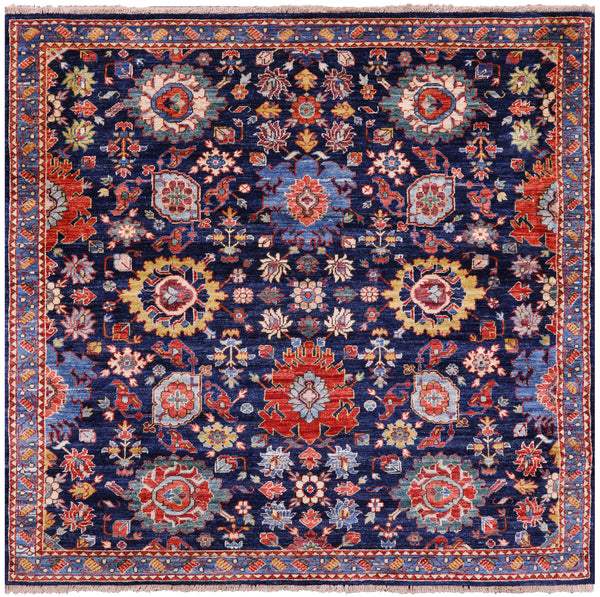 Blue Square Persian Fine Serapi Hand Knotted Wool Rug - 5' 0" X 5' 0" - Golden Nile