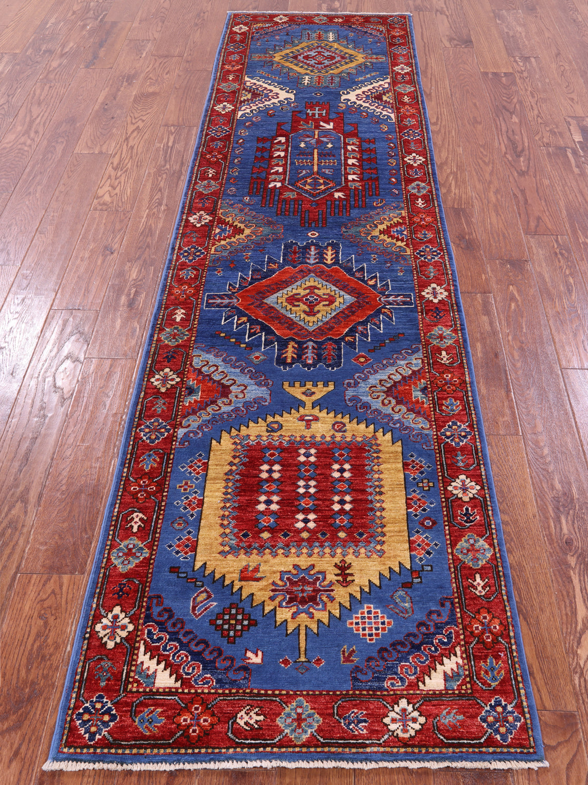Blue Persian Fine Serapi Hand Knotted Wool Runner Rug - 2' 7" X 9' 8" - Golden Nile