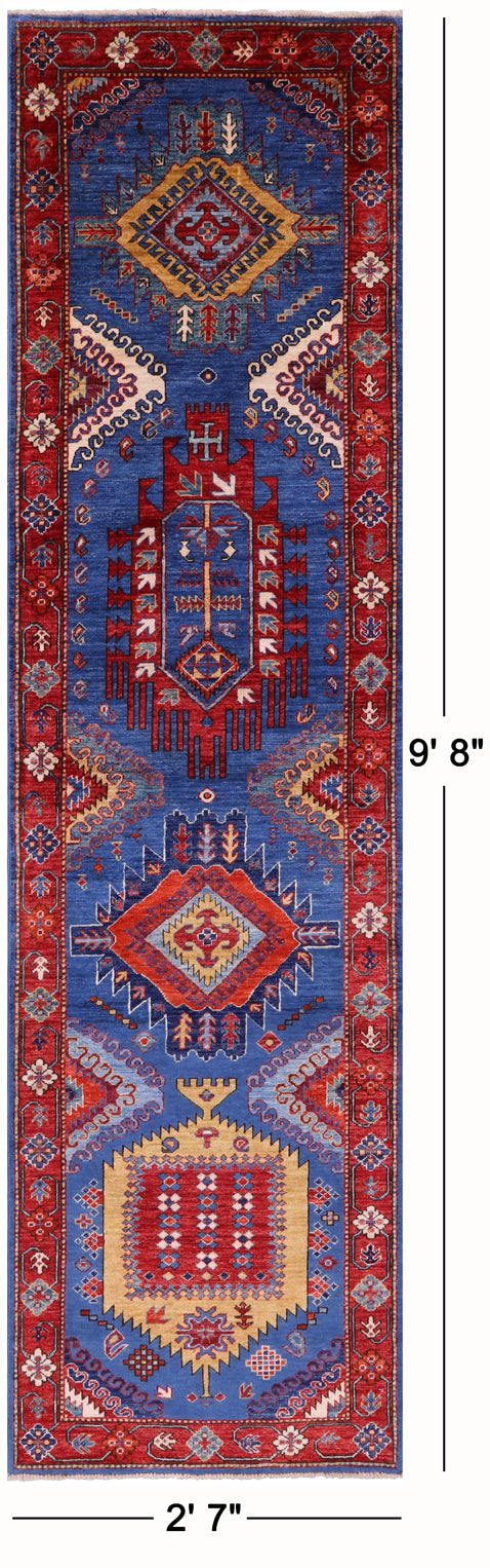 Blue Persian Fine Serapi Hand Knotted Wool Runner Rug - 2' 7" X 9' 8" - Golden Nile