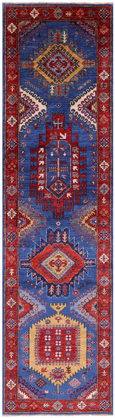 Blue Persian Fine Serapi Hand Knotted Wool Runner Rug - 2' 7" X 9' 8" - Golden Nile