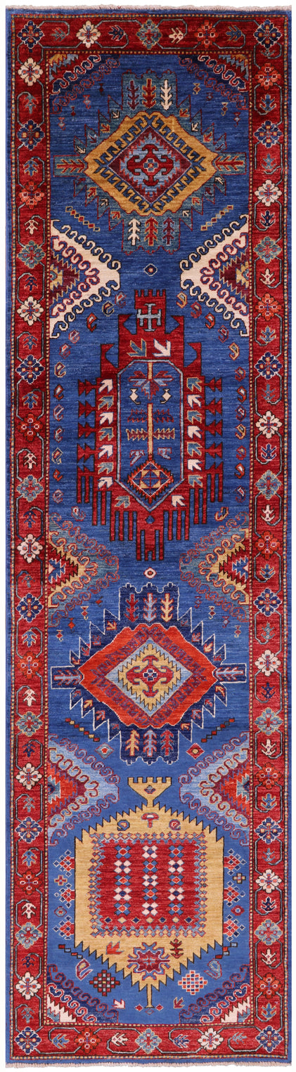 Blue Persian Fine Serapi Hand Knotted Wool Runner Rug - 2' 7" X 9' 8" - Golden Nile