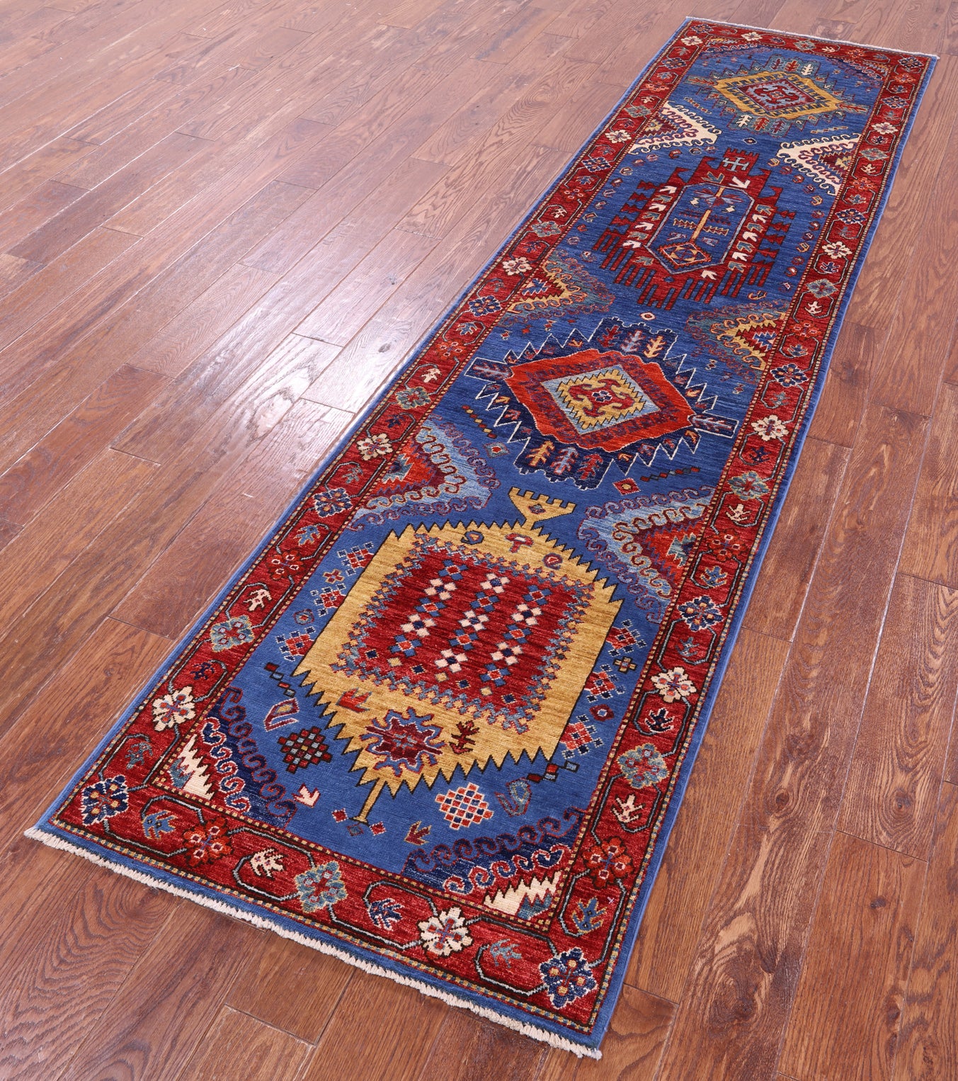 Blue Persian Fine Serapi Hand Knotted Wool Runner Rug - 2' 7" X 9' 8" - Golden Nile