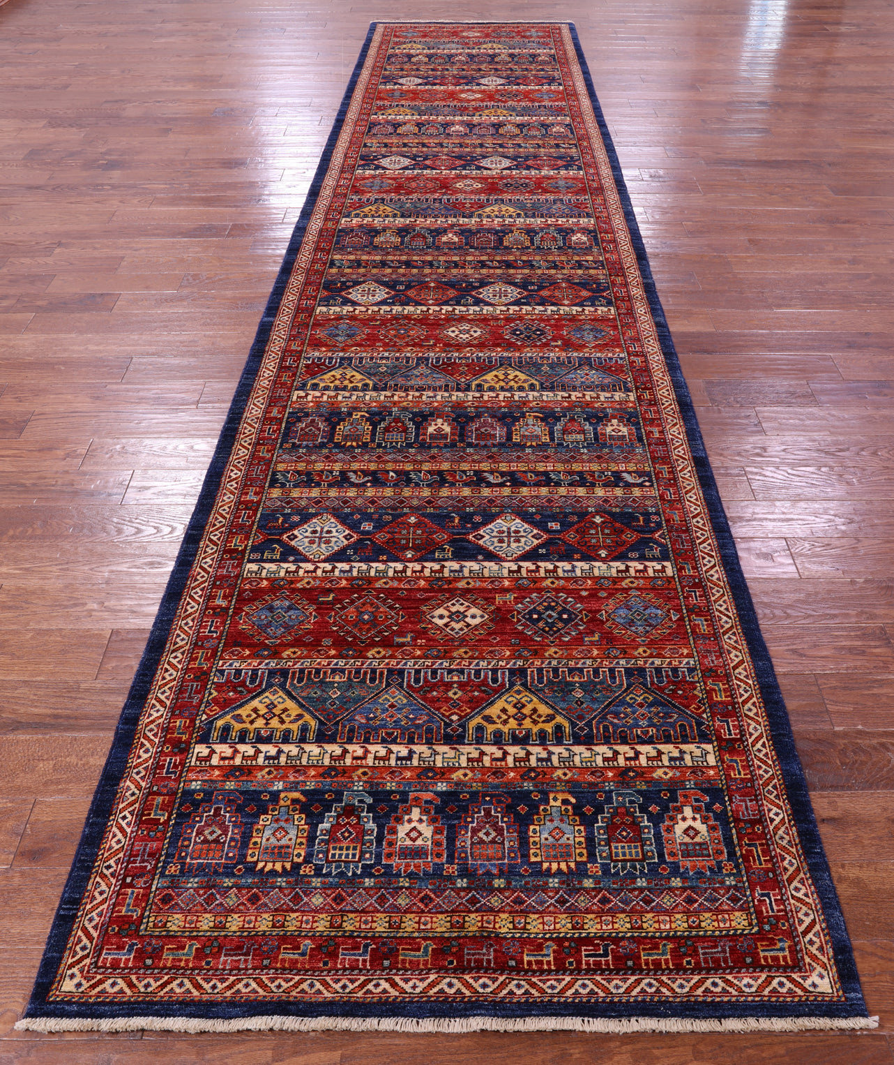 Tribal Persian Gabbeh Hand Knotted Wool Runner Rug - 4' 1" X 17' 9" - Golden Nile