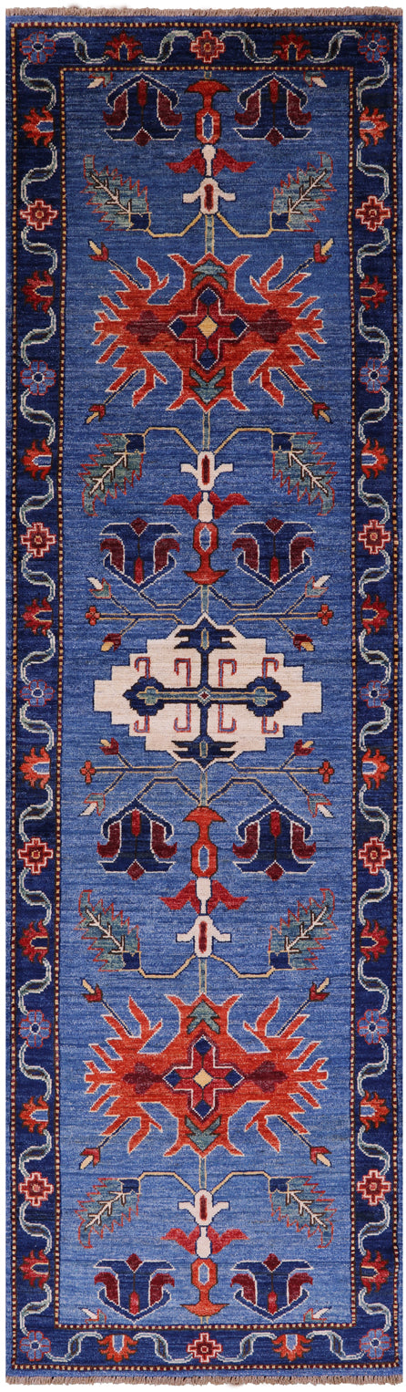 Blue Persian Fine Serapi Hand Knotted Wool Runner Rug - 2' 9" X 9' 8" - Golden Nile