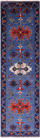 Blue Persian Fine Serapi Hand Knotted Wool Runner Rug - 2' 9