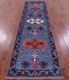 Blue Persian Fine Serapi Hand Knotted Wool Runner Rug - 2' 9" X 9' 8" - Golden Nile