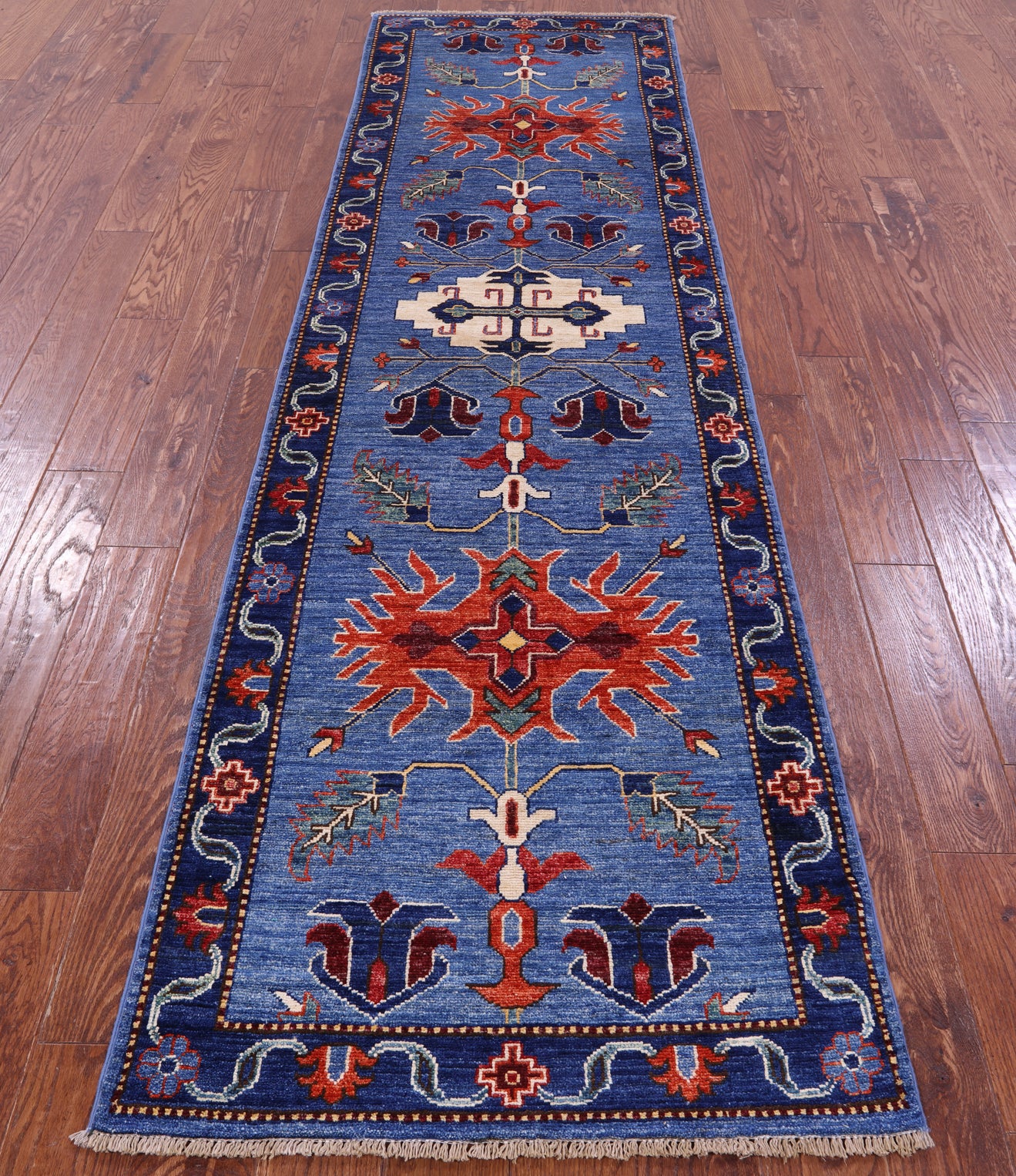 Blue Persian Fine Serapi Hand Knotted Wool Runner Rug - 2' 9" X 9' 8" - Golden Nile