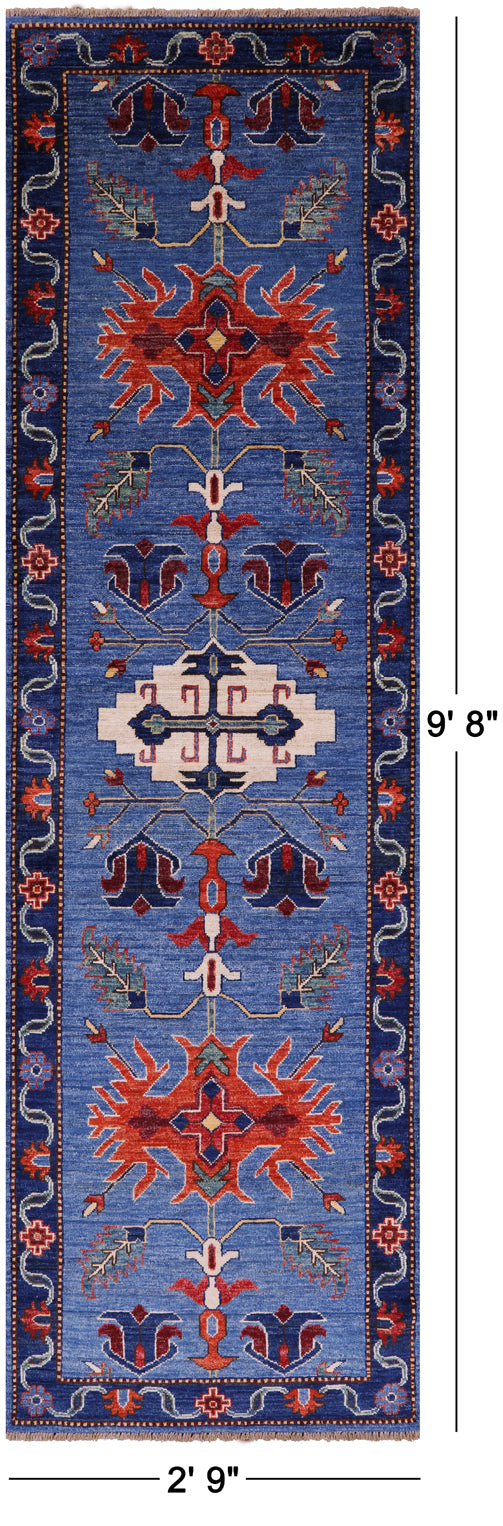 Blue Persian Fine Serapi Hand Knotted Wool Runner Rug - 2' 9" X 9' 8" - Golden Nile