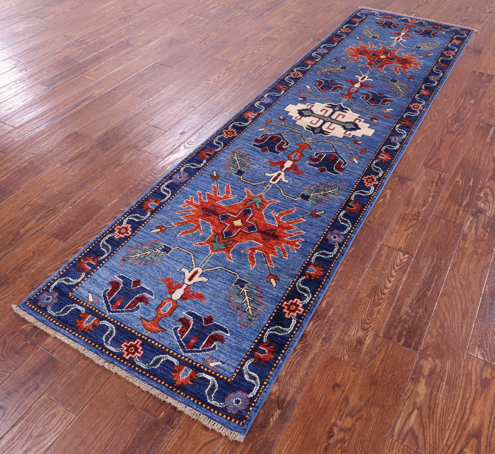 Blue Persian Fine Serapi Hand Knotted Wool Runner Rug - 2' 9" X 9' 8" - Golden Nile