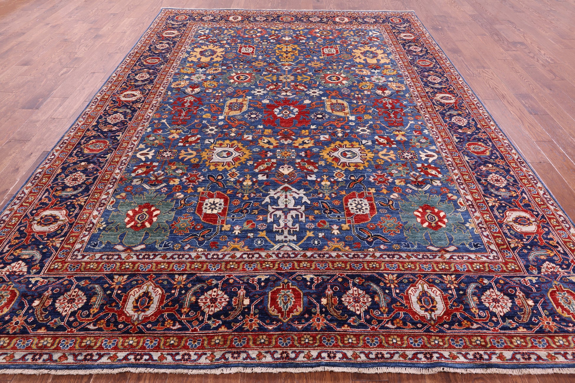Blue Persian Fine Serapi Handmade Wool Rug - 9' 0" X 11' 11" - Golden Nile