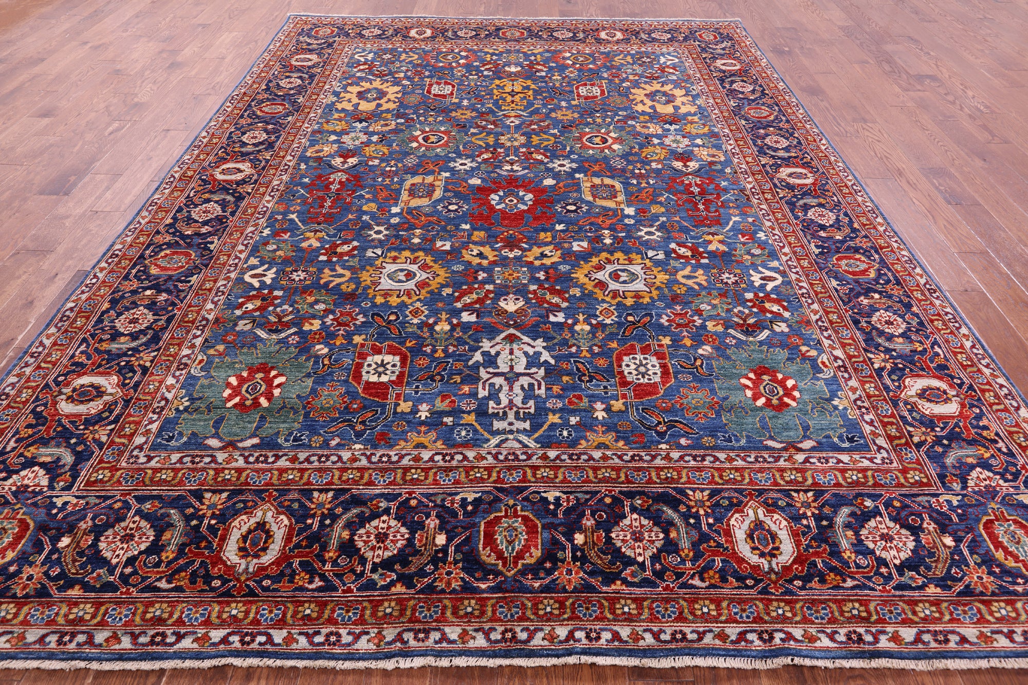 Blue Persian Fine Serapi Handmade Wool Rug - 9' 0" X 11' 11" - Golden Nile