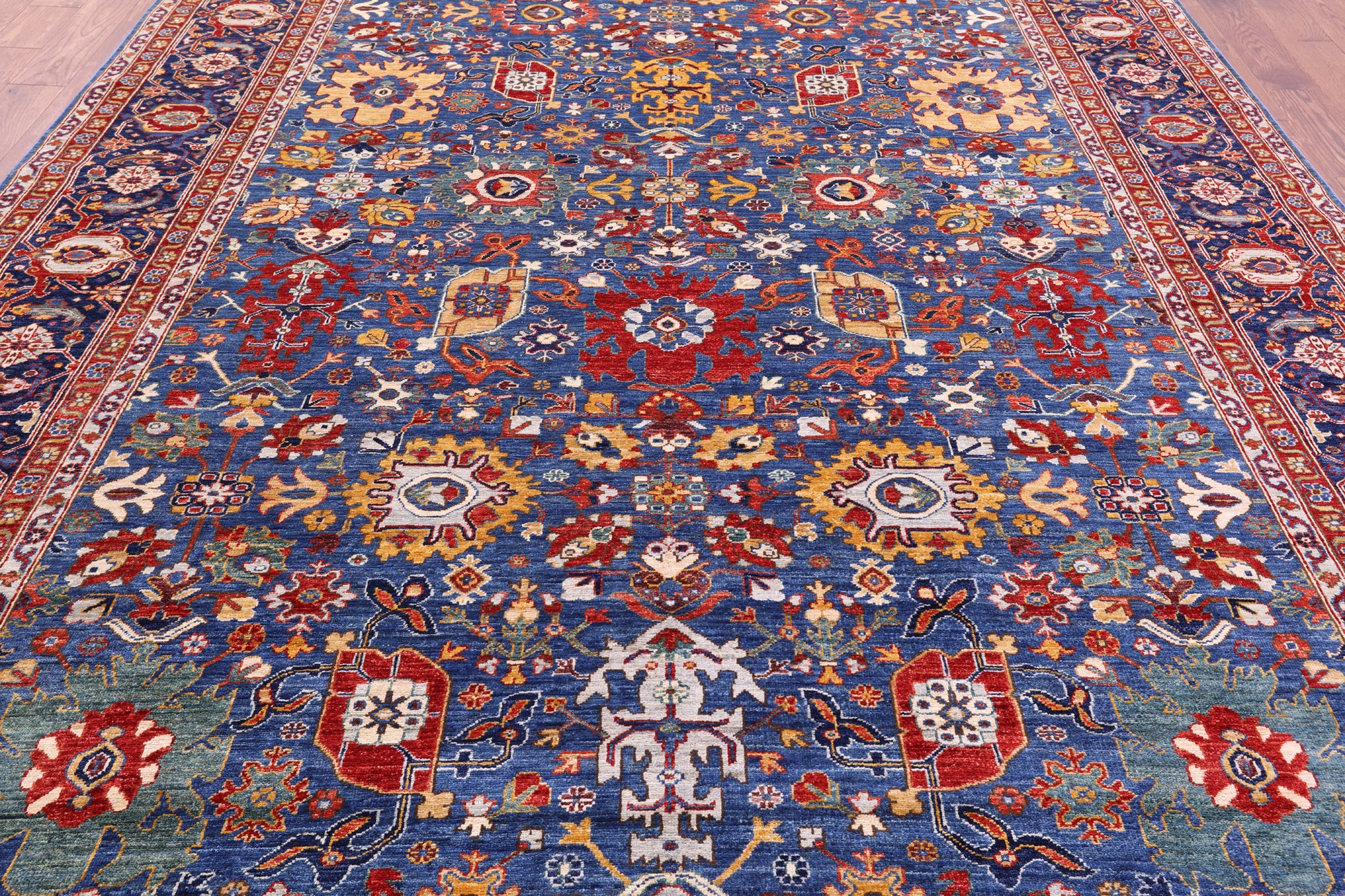 Blue Persian Fine Serapi Handmade Wool Rug - 9' 0" X 11' 11" - Golden Nile