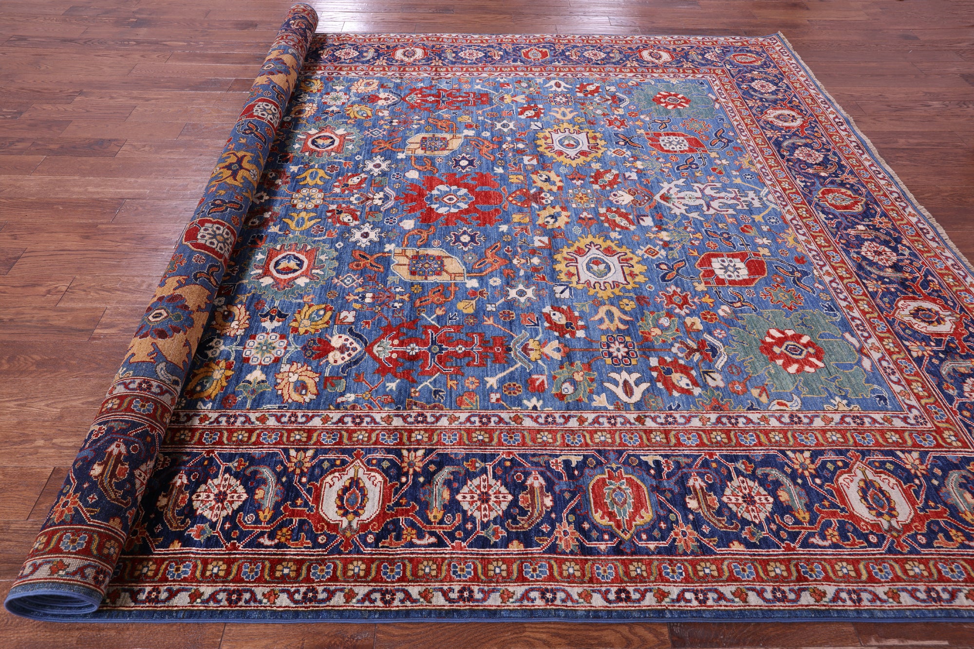 Blue Persian Fine Serapi Handmade Wool Rug - 9' 0" X 11' 11" - Golden Nile