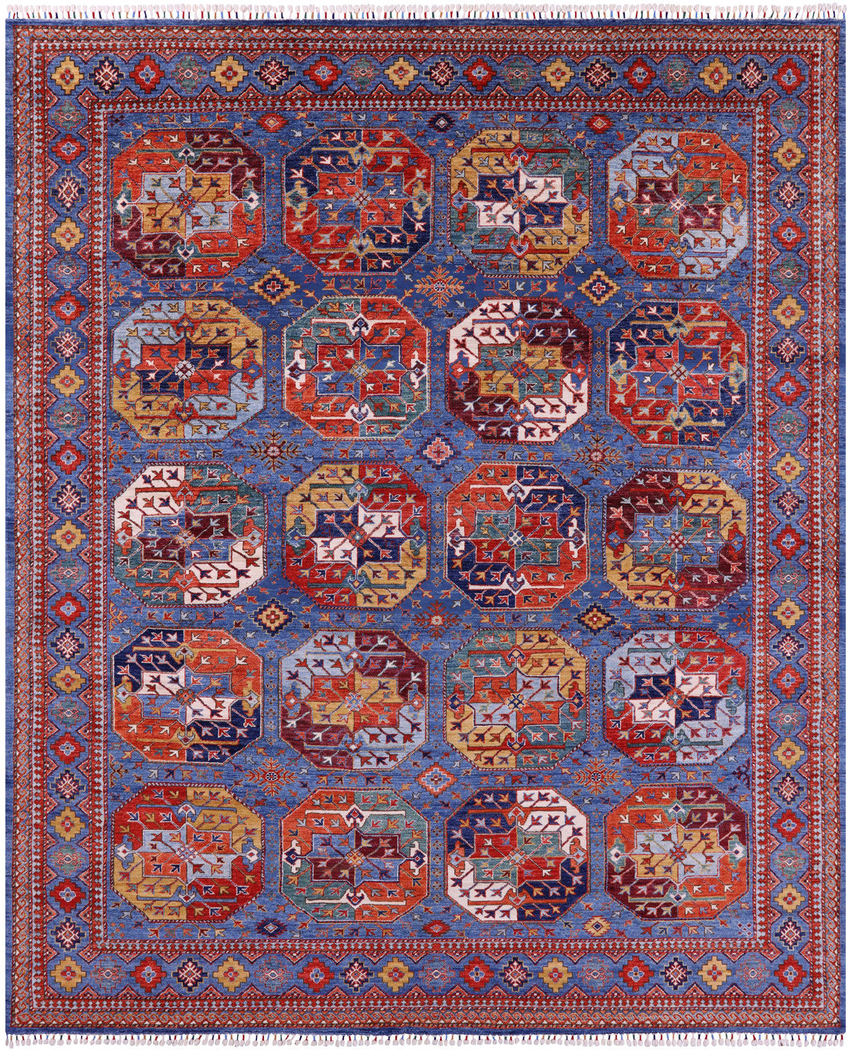 Blue Turkmen Ersari Hand Knotted Wool Rug - 8' 2" X 10' 1" - Golden Nile