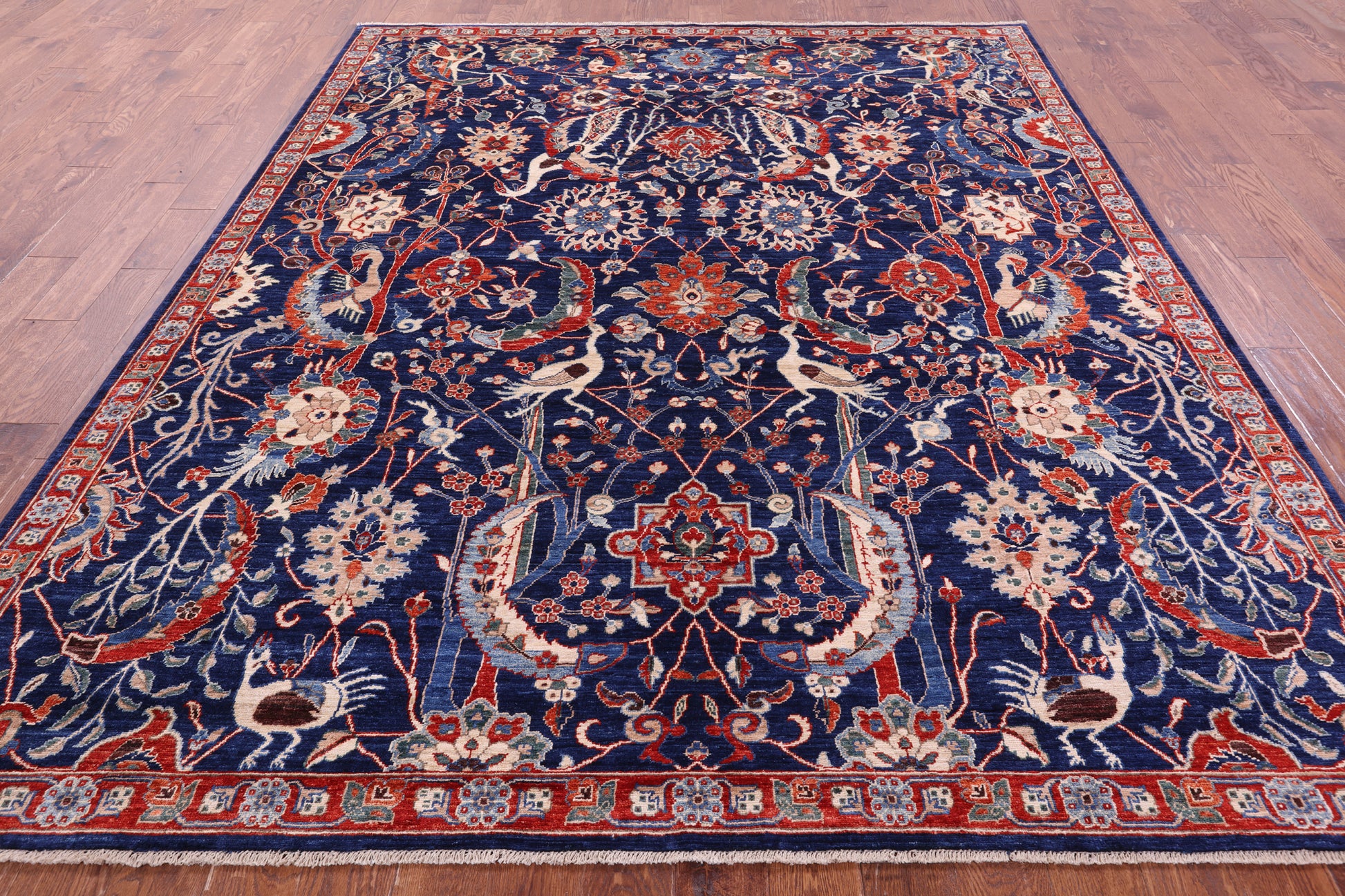 Blue Exotic Birds Persian Fine Serapi Hand Knotted Wool Rug - 8' 2" X 9' 11" - Golden Nile