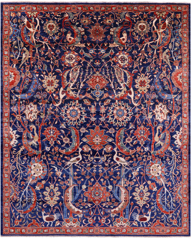 Blue Exotic Birds Persian Fine Serapi Hand Knotted Wool Rug - 8' 0