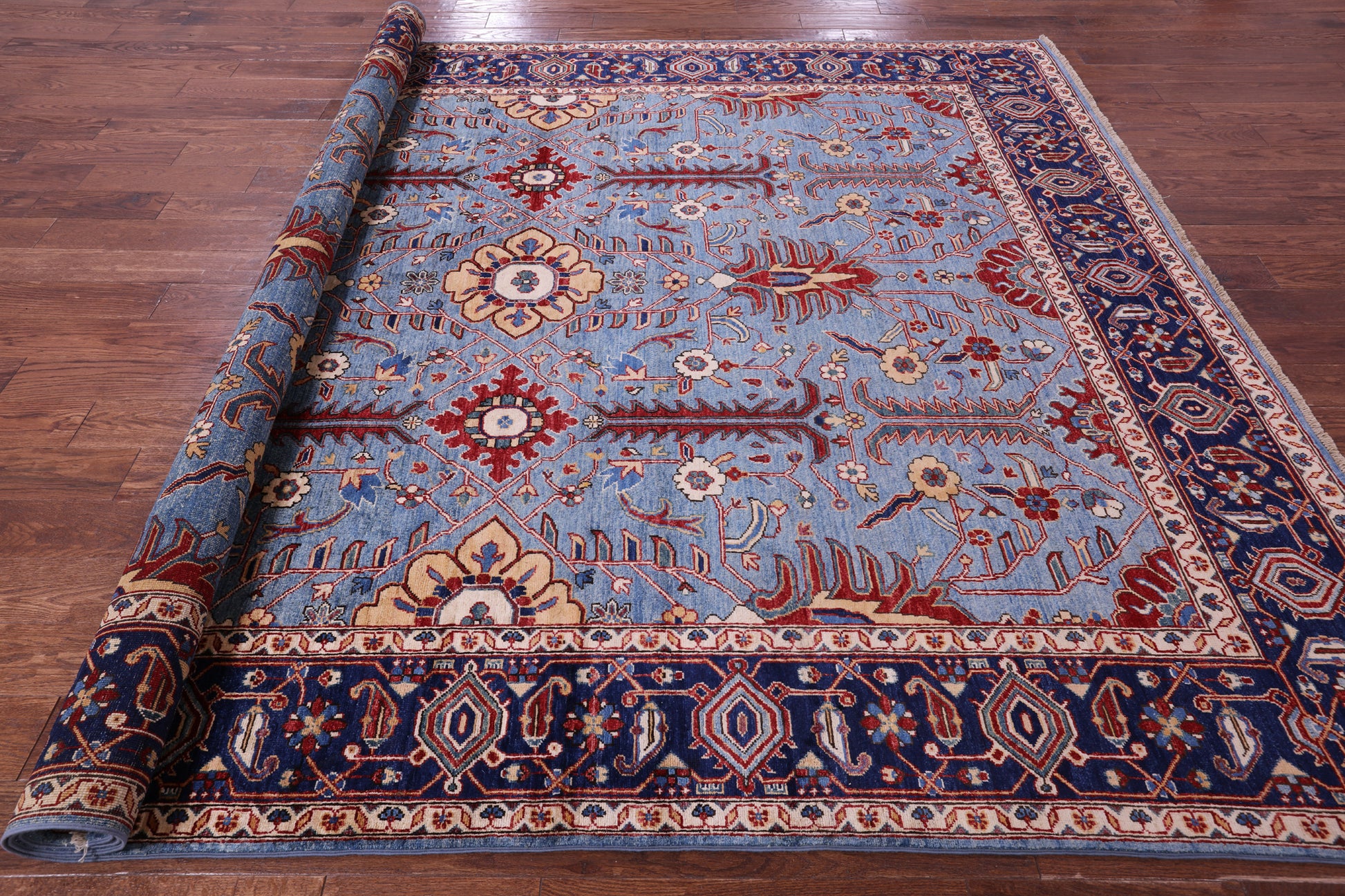 Blue Persian Fine Serapi Hand Knotted Wool Rug - 8' 3" X 10' 2" - Golden Nile