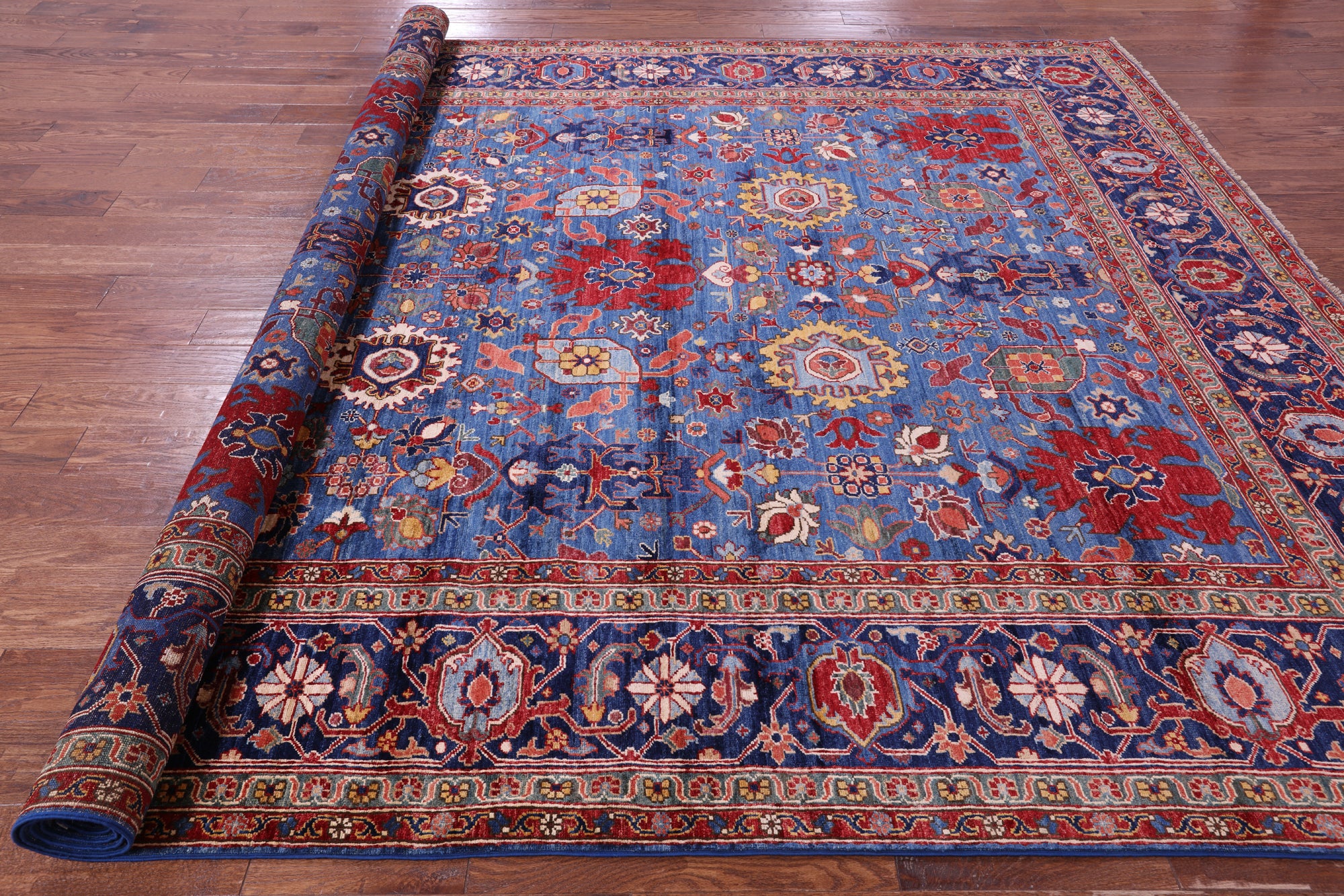 Blue Persian Fine Serapi Handmade Wool Rug - 8' 11" X 11' 10" - Golden Nile