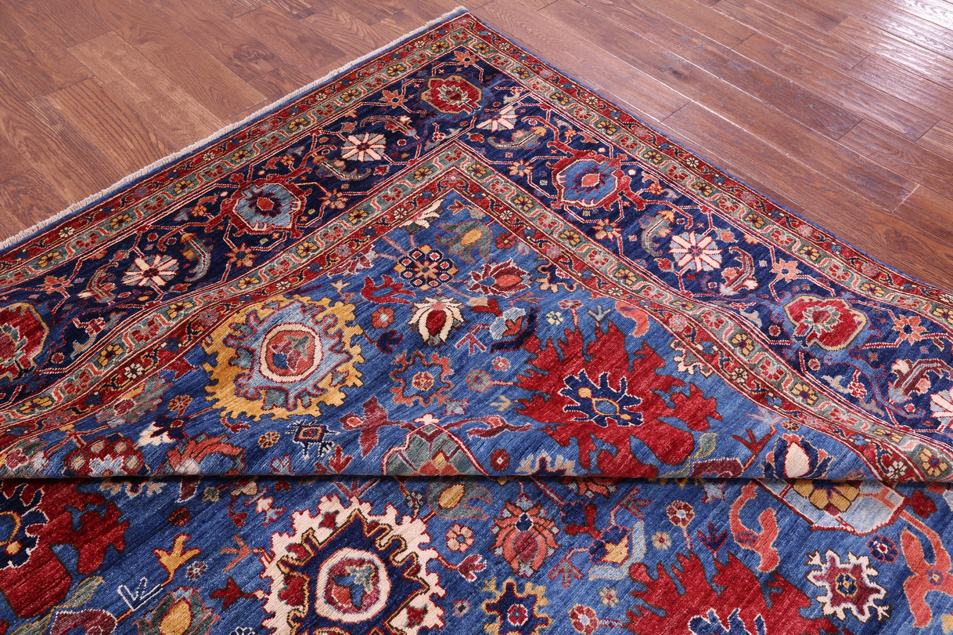 Blue Persian Fine Serapi Handmade Wool Rug - 8' 11" X 11' 10" - Golden Nile