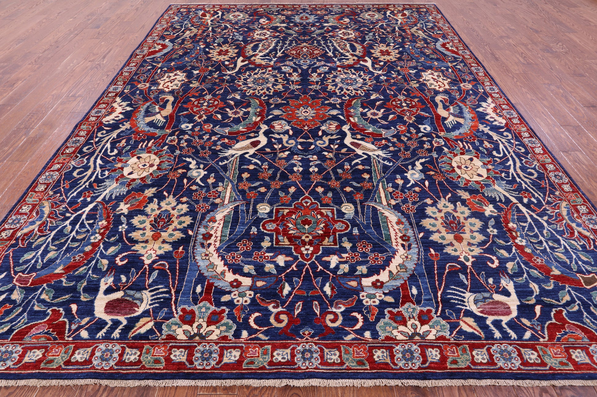 Blue Exotic Birds Persian Fine Serapi Hand Knotted Wool Rug - 9' 1" X 11' 9" - Golden Nile