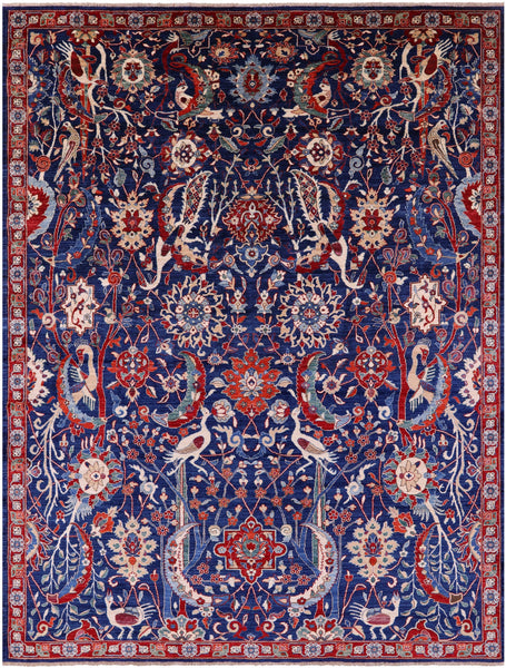 Blue Exotic Birds Persian Fine Serapi Hand Knotted Wool Rug - 9' 1" X 11' 9" - Golden Nile
