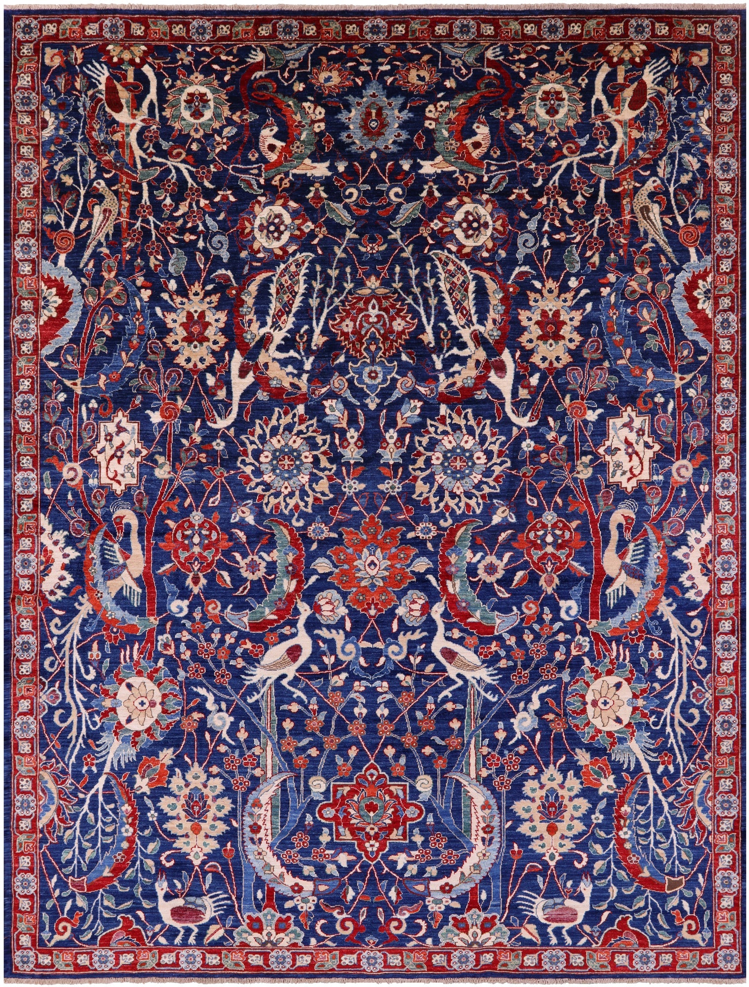 Blue Exotic Birds Persian Fine Serapi Hand Knotted Wool Rug - 9' 1" X 11' 9" - Golden Nile