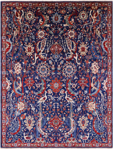 Blue Exotic Birds Persian Fine Serapi Hand Knotted Wool Rug - 9' 1