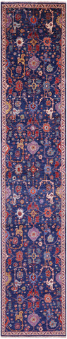 Blue Persian Fine Serapi Handmade Wool Runner Rug - 2' 9